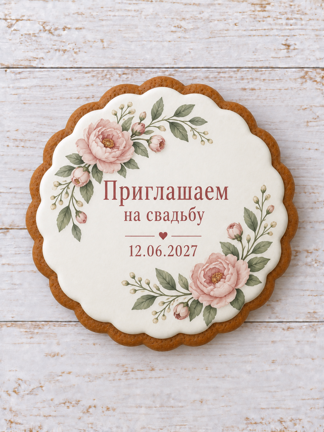 Лаконичное приглашение с цветочным уголком на белой глазури пряника