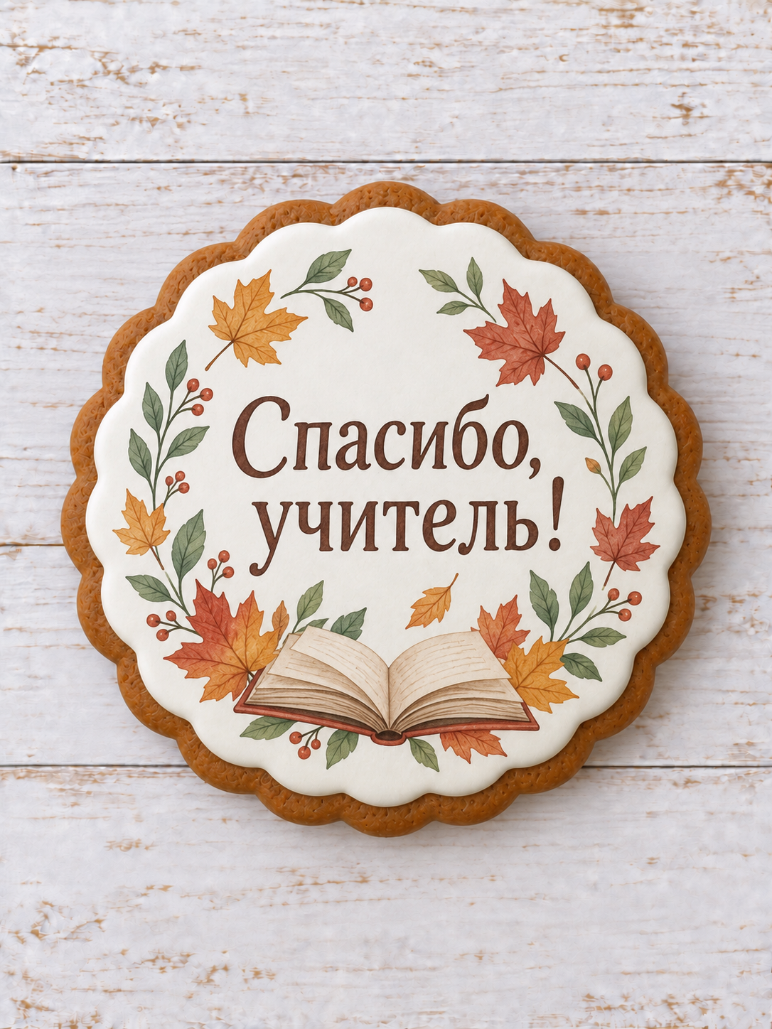 Благодарность учителю, открытая книга и осенние листья на белой глазури пряника