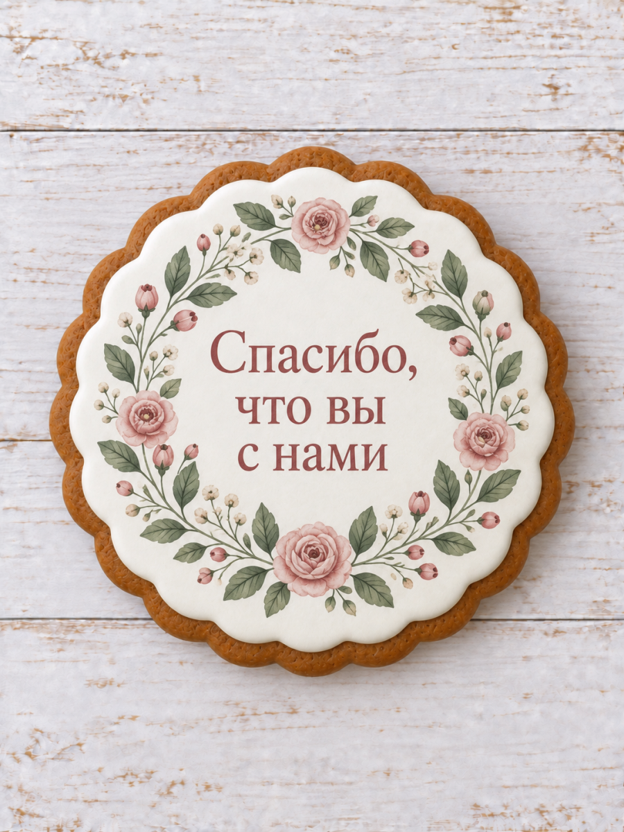 Короткая благодарность гостям в цветочном обрамлении на белой глазури пряника