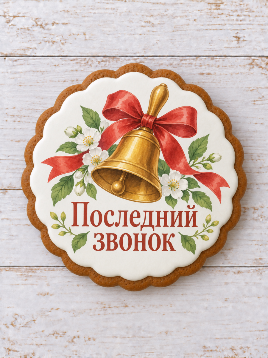 Школьный колокольчик с красной лентой и печатной надписью на белой глазури пряника