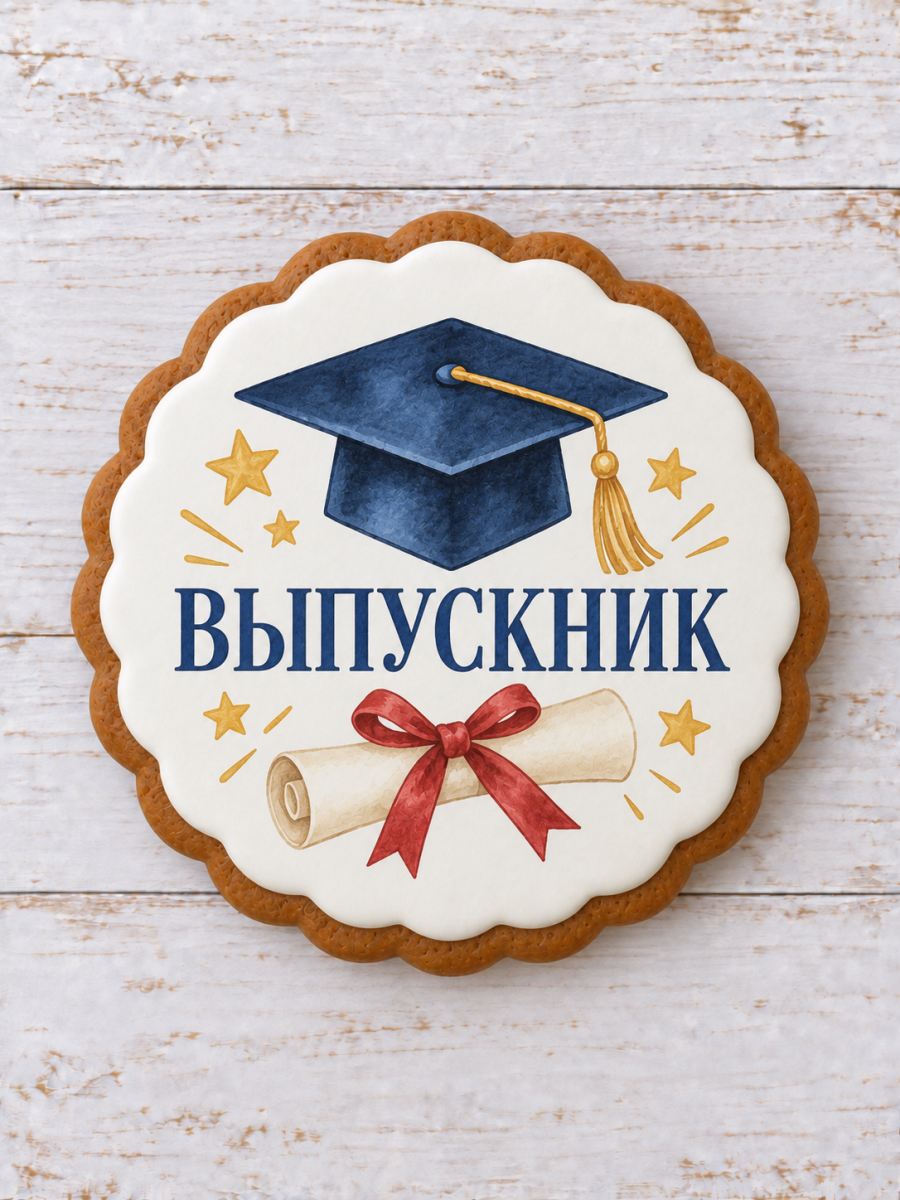 Выпускная академическая шапочка, школьный диплом и надпись на белой глазури пряника